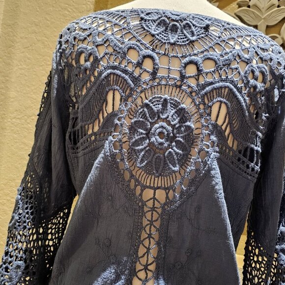 Taylor & Sage Woman's S Cotton Blue Crochet Lace Boho Top With 3/4 Sleeves - Picture 8 of 9